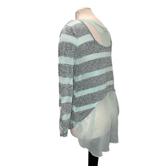 Almost Famous Womens Sheer Back Striped Long Sleeve Top Sz Large Gray & Mint Lig - Picture 7 of 10